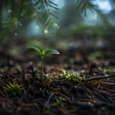 Hopeful Seedling Emerging in Evergreen Forest