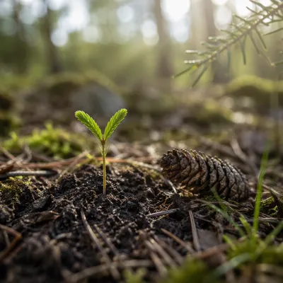 Evergreen Seedling Emerging in Forest Soil