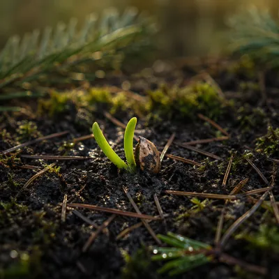 Evergreen Seedling Emerging in Morning Light