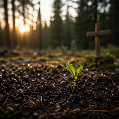 Seedling Sprouting in Evergreen Forest Dawn