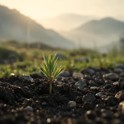 Evergreen Seedling Emerging in Dawn Soil