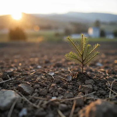 Evergreen Seedling Sprouting in Morning Light