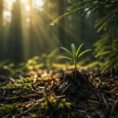 Evergreen Seedling Sprouting in Morning Light