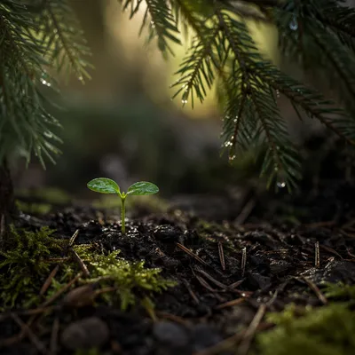 Evergreen Seedling Sprouting in Morning Light
