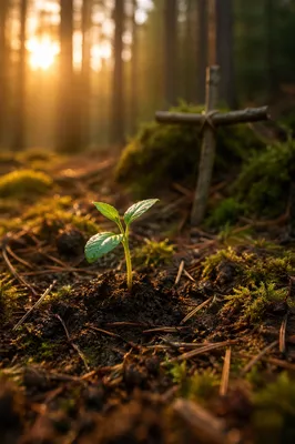 Evergreen Seedling Sprouting in Morning Light