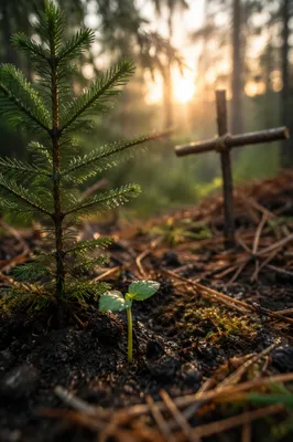 Seedling Sprouting Beneath Evergreen at Dawn
