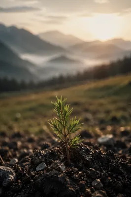 Evergreen Seedling Emerging in Dawn Soil