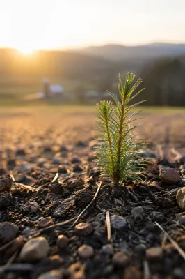 Evergreen Seedling Sprouting in Morning Soil