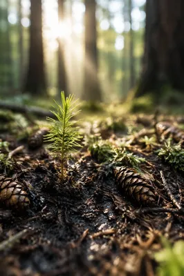 Evergreen Seedling Emerging in Morning Forest