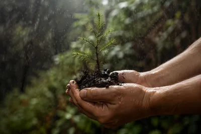 Evergreen Seedling in Caring Hands