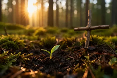 Seedling Sprouting in Evergreen Forest Light