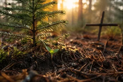 Evergreen Seedling at Dawn with Wooden Cross
