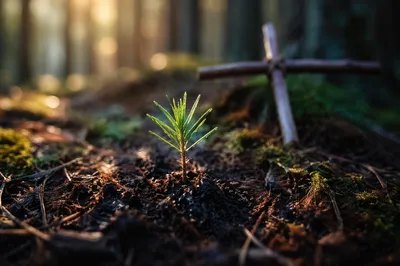 Evergreen Seedling with Cross at Dawn