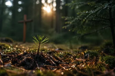 Seedling Sprouting in Evergreen Forest Dawn