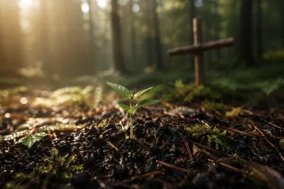 Seedling Sprouting in Evergreen Forest Light