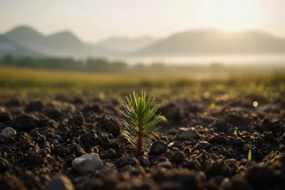 Evergreen Seedling Emerging in Dawn Soil