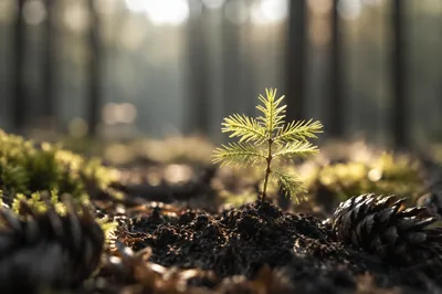 Evergreen Seedling Sprouting in Morning Forest