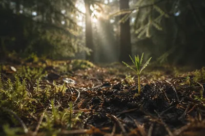 Hopeful Seedling Sprouting on Evergreen Forest Floor