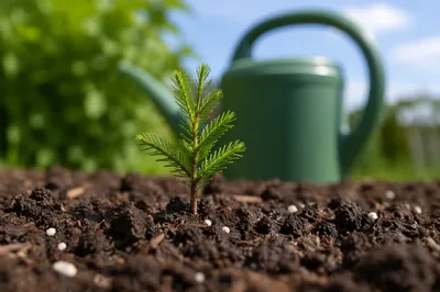 Evergreen Seedling Emerging from Rich Soil