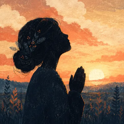 Praying Silhouette at Golden Evergreen Sunset