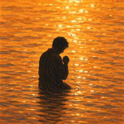 Silhouetted Prayer in Golden Sunset Waters