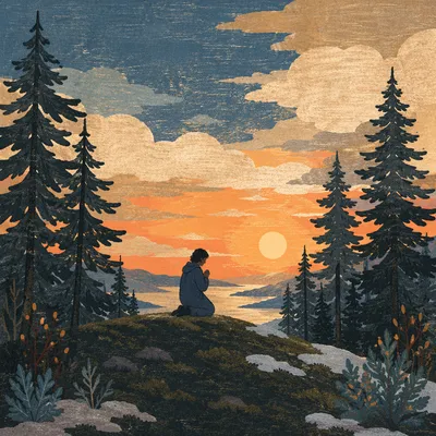 Praying Silhouette Among Evergreens at Sunset