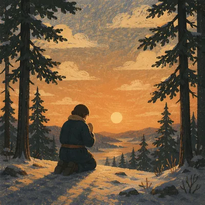 Silhouette Praying Among Evergreens at Sunset