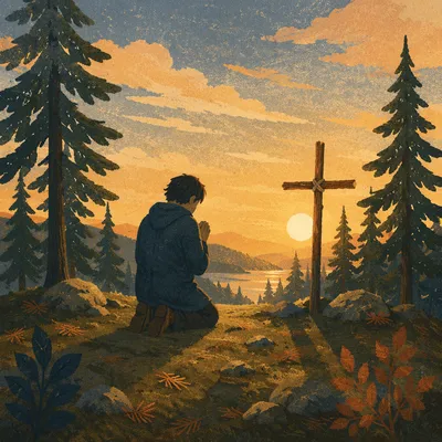 Silhouetted Prayer Among Pines at Sunset