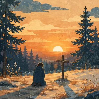 Silhouette Praying Beside Cross at Sunset