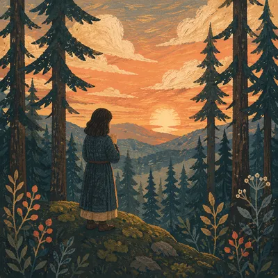 Silhouetted Prayer Among Evergreens at Sunset