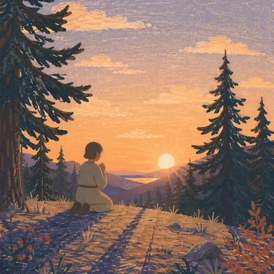 Silhouette Praying Beside Evergreen Forest at Sunset