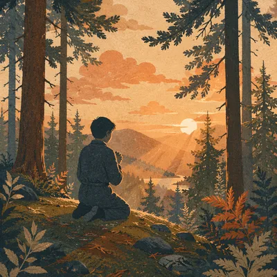 Silhouetted Prayer Among Sunset Evergreens