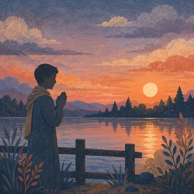 Silhouette Praying Beside Sunset Lake