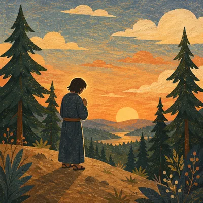 Silhouette Prayer Among Evergreens at Sunset