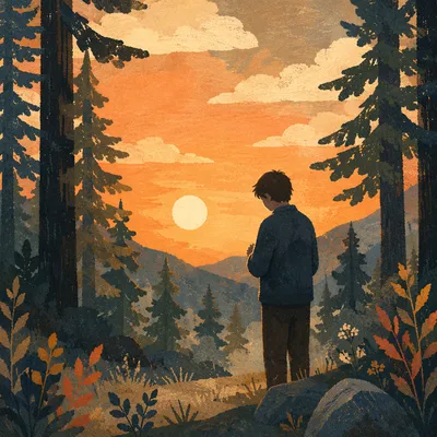 Silhouette Praying in Evergreen Sunset Clearing