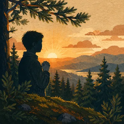 Praying Silhouette Among Evergreens at Sunset