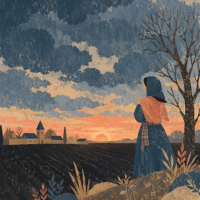 Silhouette Prayer at Rural Sunset Sky