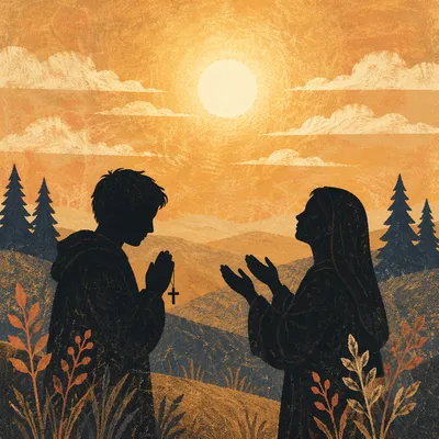Silhouettes in Prayer at Evergreen Sunset