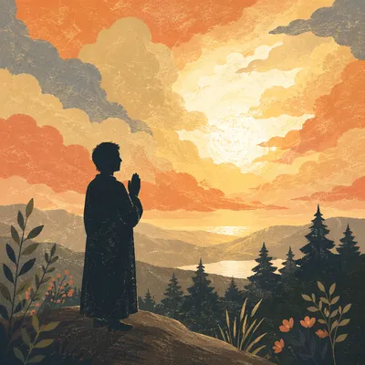 Silhouette Prayer at Evergreen Sunset Sky