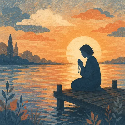 Silhouette Prayer on Dock at Sunset