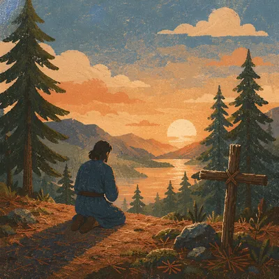 Silhouette Praying Among Evergreens at Sunset