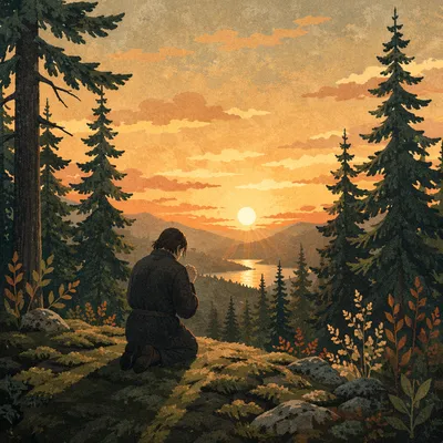 Silhouetted Prayer Beneath Sunset Evergreens