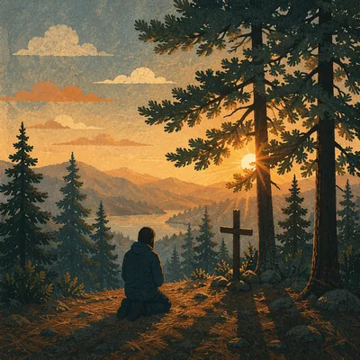 Silhouetted Prayer Among Sunset Evergreens