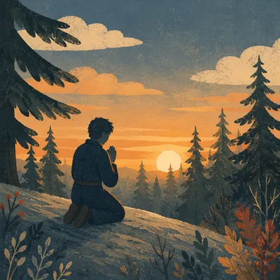 Silhouetted Prayer Among Pines at Sunset