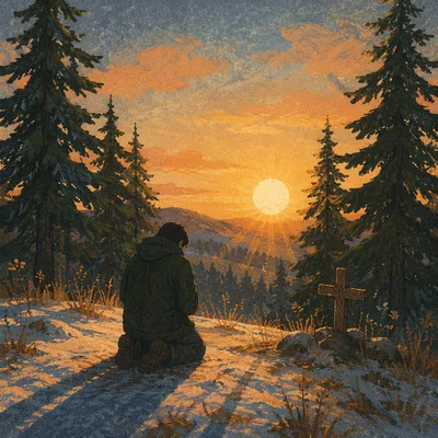 Silhouette Praying at Evergreen Sunset