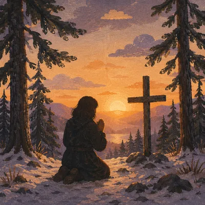 Silhouetted Prayer Beside Evergreen Sunset Cross