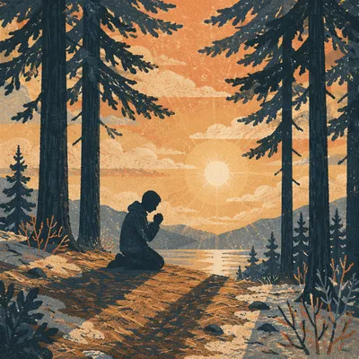 Silhouetted Prayer Beneath Sunset Pines
