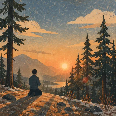 Silhouetted Prayer Among Sunset Evergreens