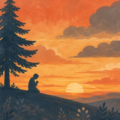 Silhouette Prayer Beneath Evergreen Sunset
