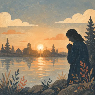 Silhouetted Prayer by Sunset Lakeshore Chapel